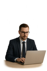 A man in a suit is sitting at a desk with a laptop in front of him