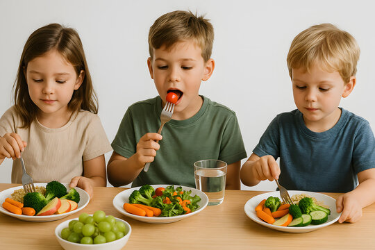 Three children are eating vegetables and fruit at a table