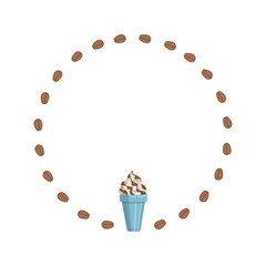 Poster, round frame, coffee border. Drink chilled with ice in a disposable plastic cup. Coffee beans. Dessert cup with whipped cream, chocolate or caramel filling and carbonated drink.