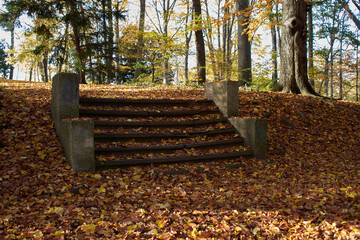 Altenburg / Germany: Autumn leaves covered old stairs in the English-style landscape garden in the castle park