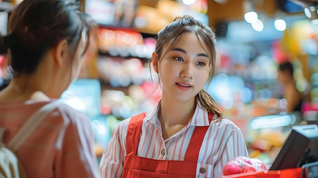 A woman cashier helps a customer in a grocery store.