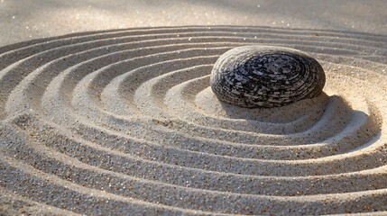 Obraz premium A zen garden with meticulously arranged sand patterns and a central stone.