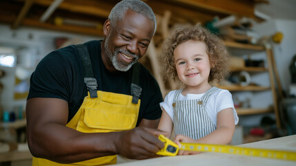 Dad teaching daughter to measure wood using tape measure