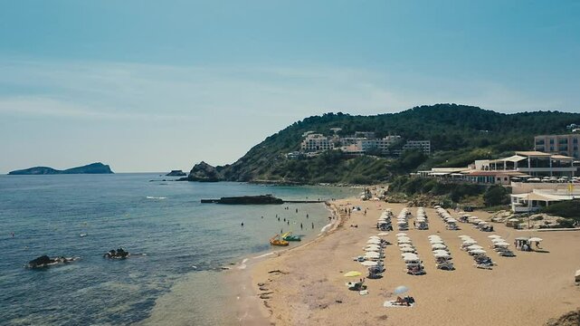Drone over the Beach of Es Figueral in Ibiza