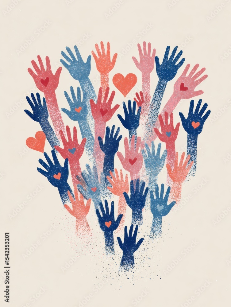 Poster support network illustrated through vibrant hands and hearts symbolizing unity and care in a communi