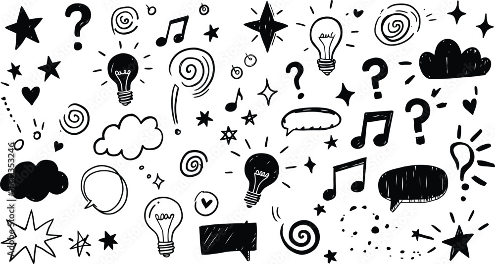 Poster extensive collection of hand-drawn doodle icons and symbols on a white background ai generative