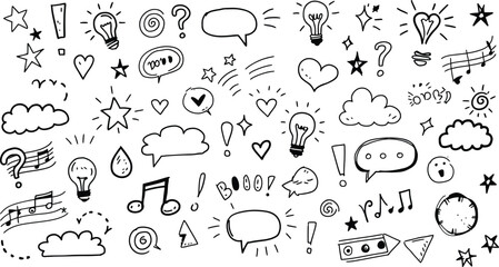 An Extensive Collection of Hand-Drawn Doodle Icons and Symbols on a White Background AI Generative