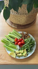 Well-balanced breakfast featuring healthy source of ptotein, fermented and fresh vegetables, salad and nuts on a plate. Top view real kitchen photo, diet and self care and love concept