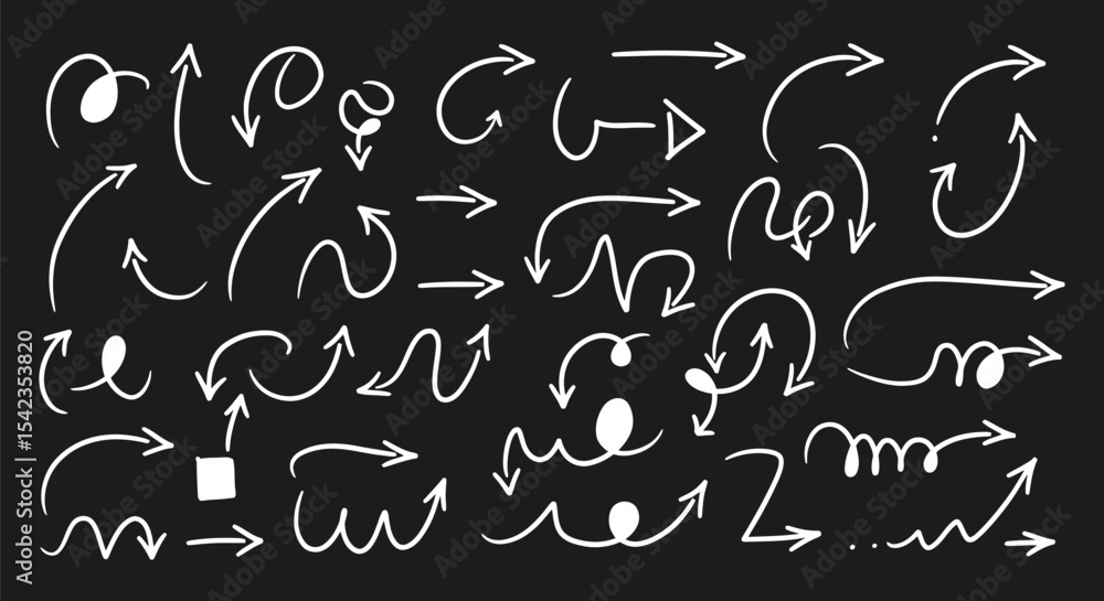Poster extensive set of hand-drawn white arrow and directional icons on a dark background ai generative