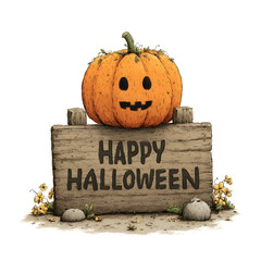 cartoon illustration of happy halloween pumpkin on a wood sign board