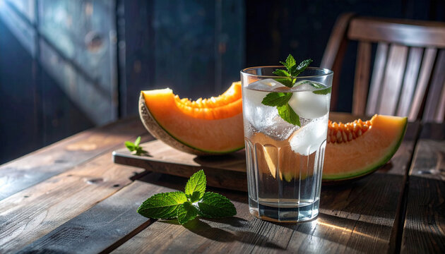 Still Life with Melon, Mint and Glass of Water with Ice on Wooden Table, Summer Sunny View