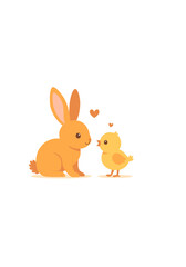 Adorable Easter Bunny and Chick Cartoon with Hearts on Soft Background for Spring Holiday, Children&rsquo;s Celebration and Love or Friendship Concept