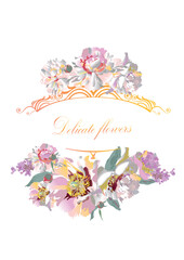 Floral background with pink, red and white peony flower for wedding decoration, Valentine's Day, sales and other events. Hand drawn vector illustration. 