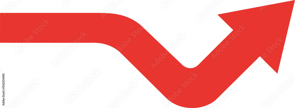 Poster solid red arrow pointing upwards with a wave or curve, simple directional symbol ai generative