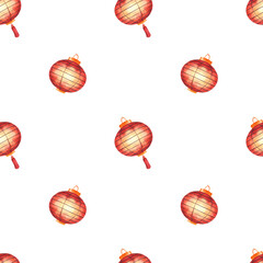  Seamless pattern featuring hand-painted red Chinese paper lanterns on a white background. Ideal for Lunar New Year decor, textile design, or festive packaging with an Asian cultural theme.