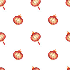  Seamless pattern featuring hand-painted red Chinese paper lanterns on a white background. Ideal for Lunar New Year decor, textile design, or festive packaging with an Asian cultural theme.