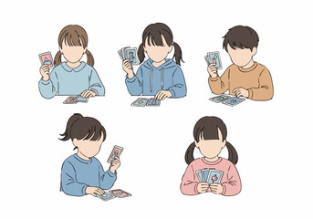 Simple Line Drawing People Playing Cards Together in a Group