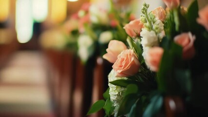 Close-up shot of a bouquet of flowers in a church setting, suitable for religious or cultural events