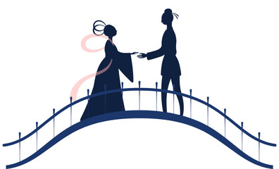 Qixi Festival, Tanabata lovers meeting on magpie bridge silhouette illustration, isolated vector. Hand drawn flat style design. Traditional Chinese holiday clip art element. China Valentines Day