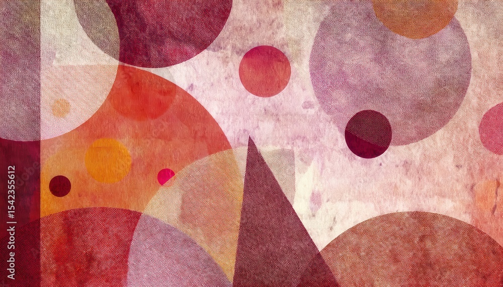 Poster abstract geometric textile art with overlapping circles and angular shapes in warm red, orange, and 