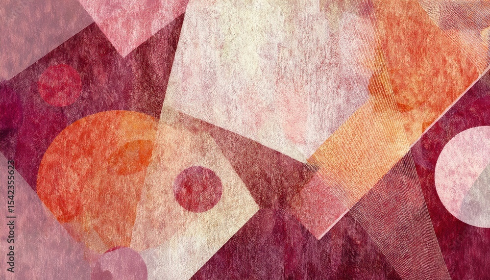 Poster abstract geometric textile art with overlapping circles and angular shapes in warm red, orange, and 