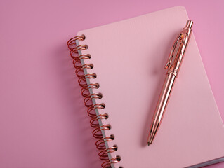 pink notebook and rose gold pen on pink background
