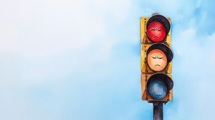 A painted traffic light with red and amber lights showing sad faces against a soft blue background.