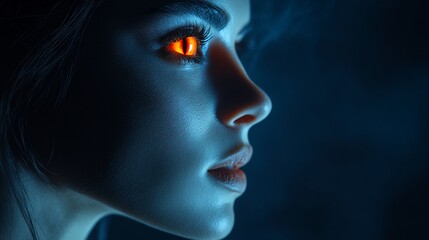 Enigmatic Gaze: A Woman's Profile with Glowing Eyes