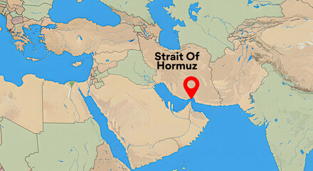 Strait of Hormuz with the location icon in flat political map style showing color-coded land and ocean regions without text or country names