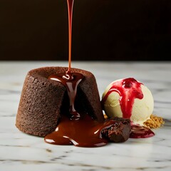 Decadent Molten Chocolate Cake, Ice Cream Topping, and Berry Coulis Composition