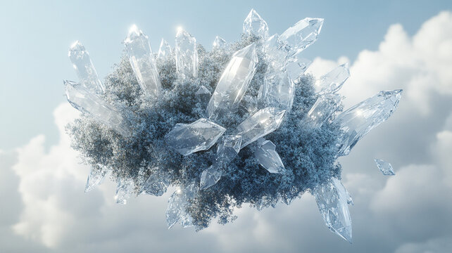 Wireframe tree cluster morphing into crystal shards midair