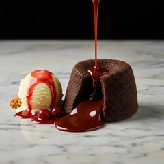 Premium Studio Shot: Gourmet Chocolate Lava Cake with Slow-Pour Sauce, Ice Cream & Berries on Marble Tabletop