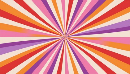 radiant burst of retro radial stripes in vibrant orange, red, pink, and purple converging at center on beige background for web design, poster, or branding graphic

