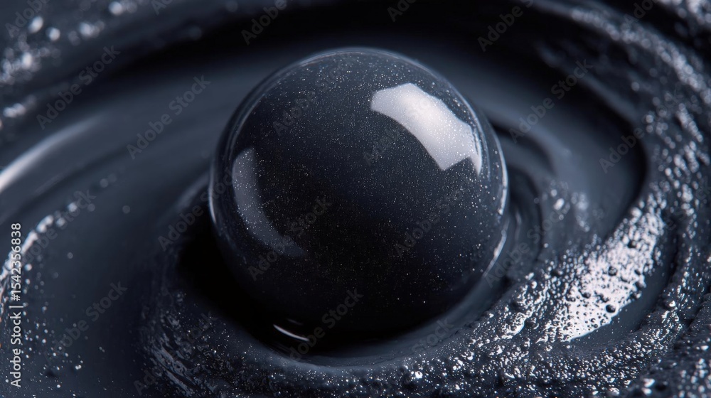 Poster close-up of a single black sphere in the center of a rippled surface. the sphere appears to be made 