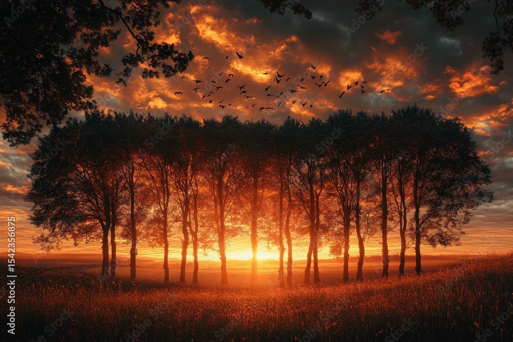 Poster fiery sunset lights row of trees during twilight in dark landscape, sun dips below horizon casting w