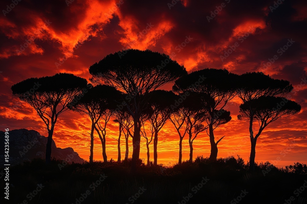 Poster fiery sunset lights row of trees during twilight in dark landscape, sun dips below horizon casting w