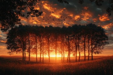 Fiery sunset lights row of trees during twilight in dark landscape, sun dips below horizon casting warm glow through branches