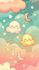 Kawaii style cartoon clouds, stars, and moons on soft gradient background, cute phone wallpaper