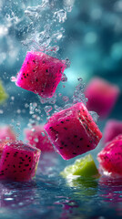 Colorful cubes of dragon fruit create a joyful splash, evoking excitement and freshness.