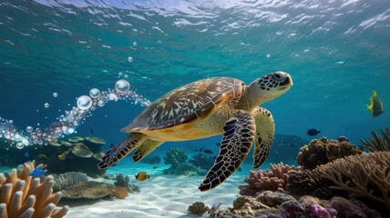 Obraz premium Underwater bubble trail concept. A sea turtle swims gracefully through a vibrant coral reef teeming with marine life.