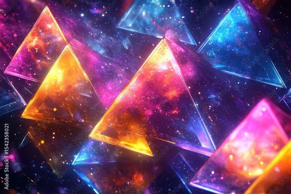 Poster Kaleidoscopic triangles with glowing, colorful cosmic textures create a dimensional visual experience