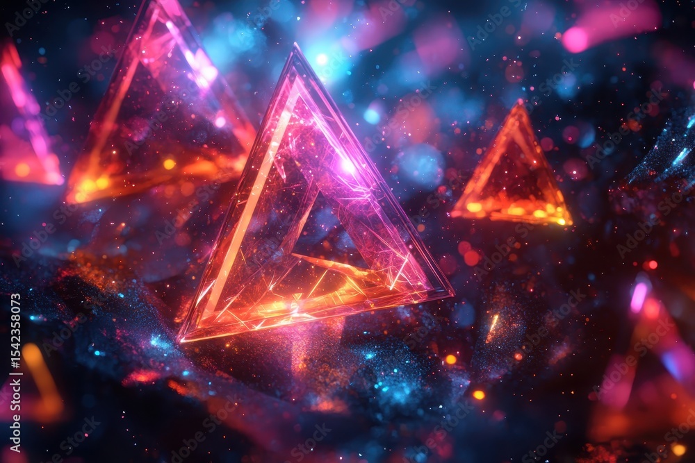 Poster Kaleidoscopic triangles with glowing, colorful cosmic textures create a dimensional visual experience
