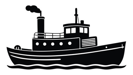 Obraz premium Black silhouette of a tugboat isolated on white background
