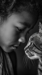 A powerful black and white close-up photograph capturing an intimate moment between a young child and a tabby cat.
