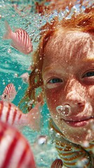 A bright and joyful underwater photo showing a close-up of a red-haired, freckled child swimming among pink-striped tropical fish. The child’s eye is in focus