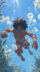 An expressive digital illustration of a young boy swimming confidently underwater in a tropical sea, surrounded by translucent jellyfish and air bubbles. 