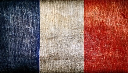 vintage textured french flag on rough woven fabric with faded blue white red stripes, ideal for heritage branding, rustic web design, or cultural print background

