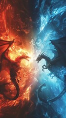 Obraz premium Fire and ice dragon silhouettes clashing in a fantasy explosion of energy
