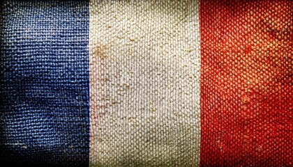 vintage textured french flag on rough woven fabric with faded blue white red stripes, ideal for heritage branding, rustic web design, or cultural print background

