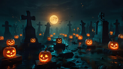 An underwater graveyard where haunted jack-o'-lanterns float above tombstones, illuminating the darkness with a ghostly orange glow.